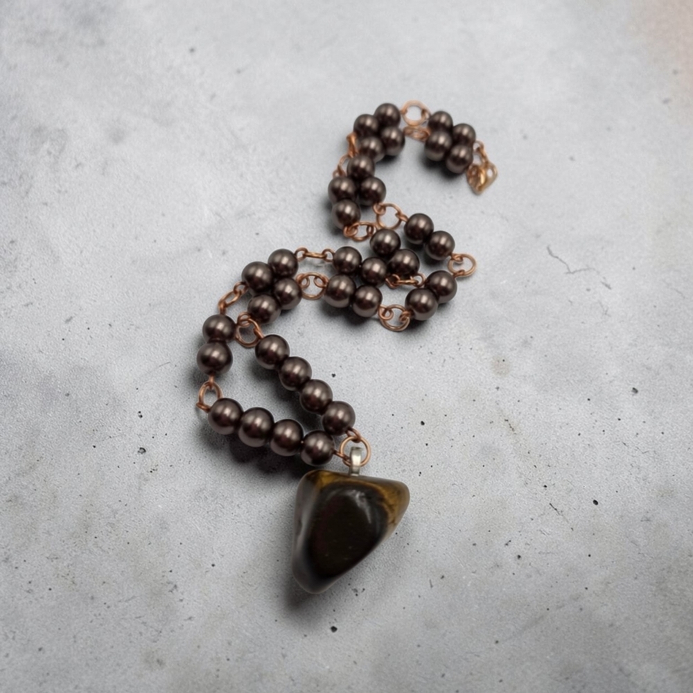 Handmade Brown Pearl & Tiger’s Eye Pendant Necklace – Elegant Boho Jewelry